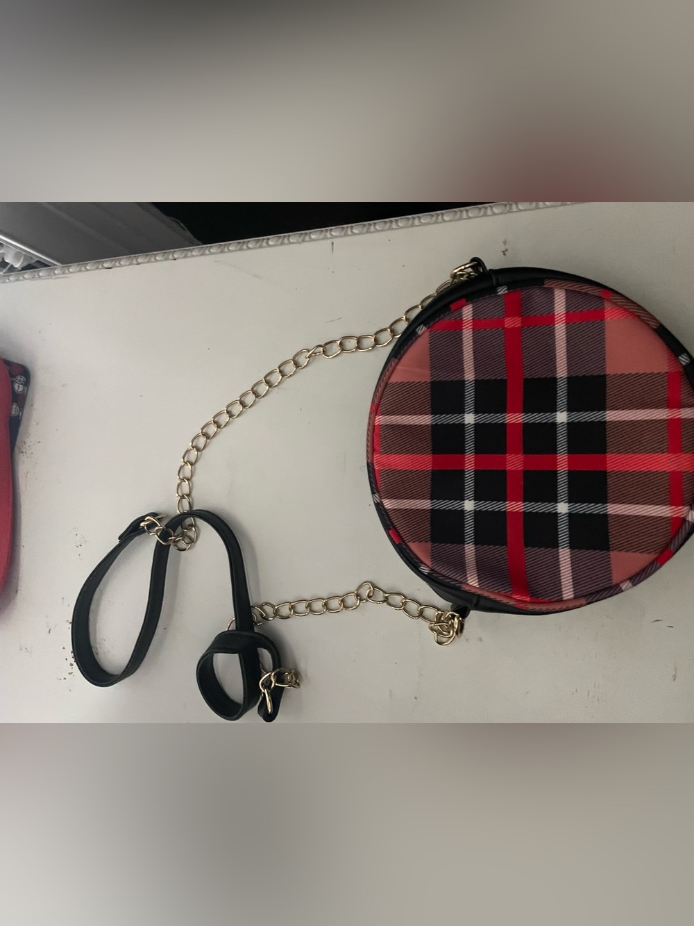Plaid Round Crossbody Bag with Gold Chain Strap - Red Plaid